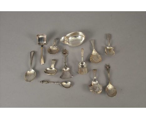 Six silver caddy spoons, together with a plated example, a silver sugar scoop, a salt spoon, a ladle bowl, and two further sp