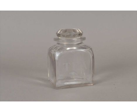 An unusual Victorian glass tea caddy mid-late 19th century, of square form with cut shoulders, mushroom stopper polished pont