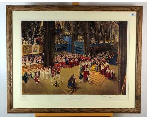 After Terence Cuneo, The Coronation of Queen Elizabeth II, signed in pencil, reproduction print, 60 x 79cm (SH)
