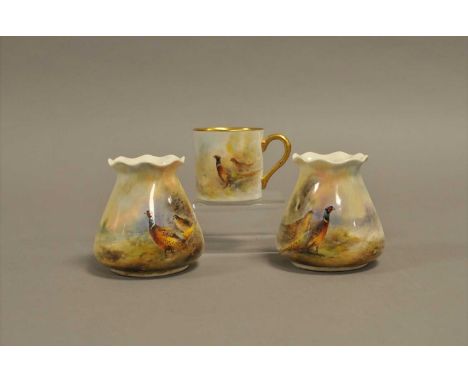 A pair of Royal Worcester vases and single coffee can, painted with pheasants by James Stinton, artist signed, printed factor