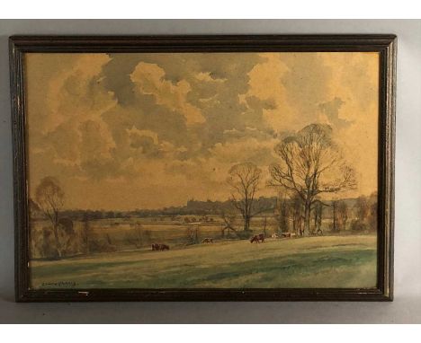 Edwin Harris, Cattle grazing, signed, watercolour, 35 x 55cm together with a wood engraving of Westminster Abbey, a 20th cent