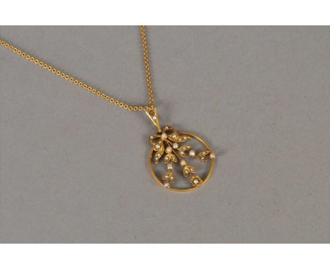 An early 20th century seed pearl pendant, designed as a split seed pearl set bow suspending three seed pearl set 'sprigs', al