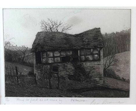Piers Browne, inscribed 'A long the field we came by', A.E.Housman, signed, numbered 29/100, etching, 8 x 15cm (PL), 32 x 40c