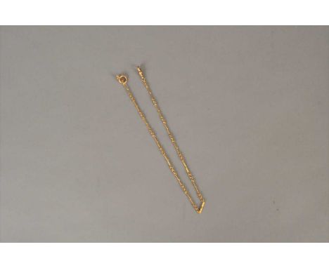 A yellow metal chain, with attached swivel stamped '9c' and attached bolt ring stamped '15', total weight approx 8.3g