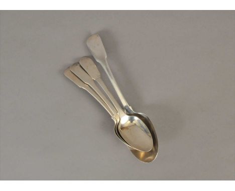 Four Chinese export silver Fiddle pattern spoons, Cutshing, Canton, each with engraved initials to the terminals, total weigh