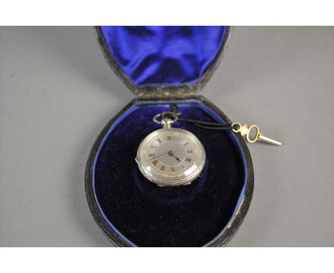 Silver key-set fob watch with silver and applied gilt engine-turned dial, mid-case and caseback engraved and engine-turned.