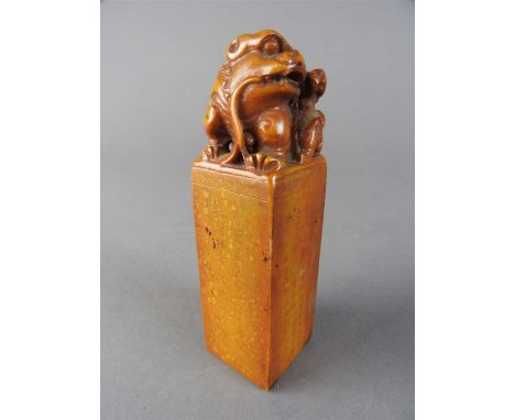 A Chinese soapstone dragon seal, Qing Dynasty, of square columnar form, surmounted by a lion dog and young and inscribed with