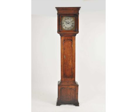 A George III country oak longcase clock, the silvered 11" dial populated with black Roman and Arabic numerals, with subsidiar