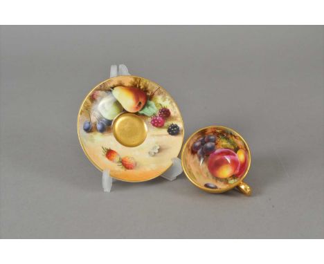 A Royal Worcester miniature teacup and saucer dated 1918 painted with fruit by W. Hart and Freeman, artist signed, printed fa