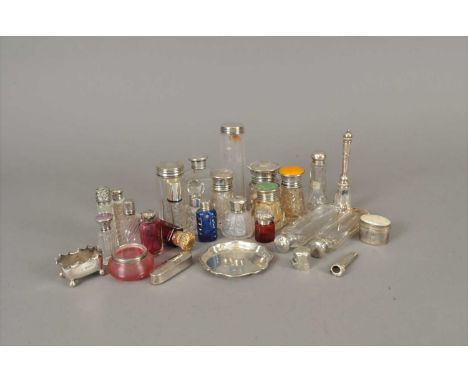 A gilt plated double ended ruby glass scent bottle, together with a collection of silver and white metal topped dressing tabl