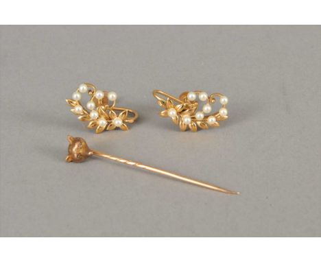 A pair of seed pearl set screw earrings, together with a diamond set foxes mask stick pin (2)