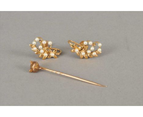 A pair of seed pearl set screw earrings, together with a diamond set foxes mask stick pin (2)