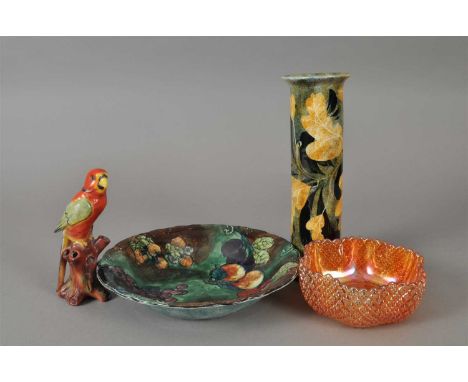 A Ralph Jandrell pottery vase together with Hancock &amp; Sons Titian Ware bowl decorated with grapes, a parrot bud vase and 