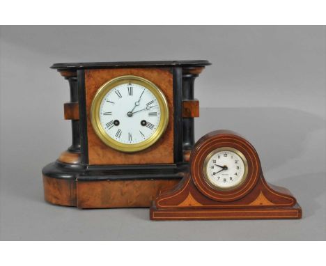 A Victorian walnut and ebonised cased architectural mantle clock, 23 cm high, 26 cm wide, together with a small Edwardian Mer