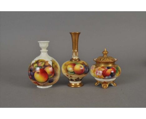 Three Royal Worcester fruit-decorated wares comprising a vase, dated 1933, of globular form with tall slender neck, painted w