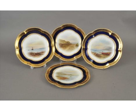 A set of four Coalport cabinet plates circa 1900, of lobed circular form, painted with landscape scenes by Percy Simpson with