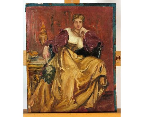 British school, 20th century, sketch of a seated Edwardian lady, oil on canvas, 34 x 28cm