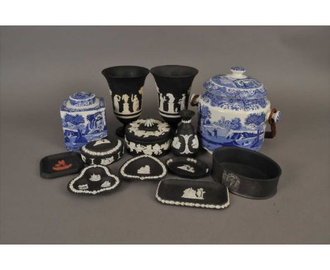 Eleven pieces of Wedgwood black, white and red jasperware, 20th century, including a pair of vases, circular pot and cover an