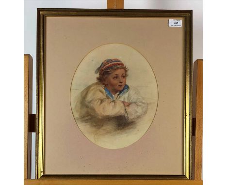 British school, 19th century, portrait of a young boy dressed as a sailor, watercolour, 30 x 25cm oval, together with an oil 