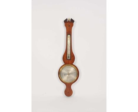 A George III mahogany veneered banjo barometer, the silvered 8.5" dial set glazed and brass-framed, above a thermometer withi