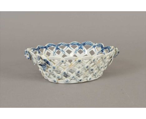 A Worcester porcelain basket, circa 1770, of pierced oval form with applied floral decoration, the interior transer-printed i