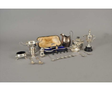 A silver tea caddy, Harrison Brothers &amp; Howson, London 1911, together with a George III silver cream jug, London 1802, a 