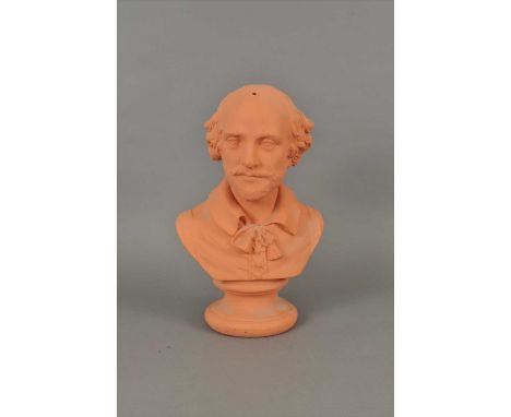 A red composite portrait bust of William Shakespeare on socle base, 42.5cm high