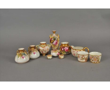 A collection of Royal Worcester blush ivory and florally painted wares early 20th century comprising a twin-handled vase, 17c