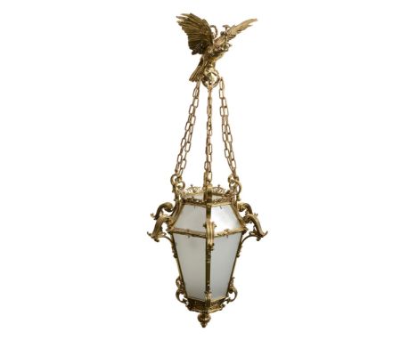 A gilt brass and glazed hall lantern in 18th century taste, 20th century A gilt brass and glazed hall lantern in 18th century
