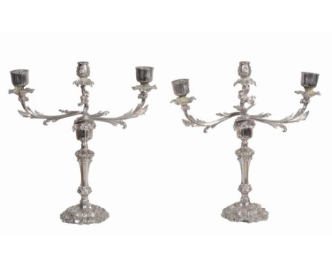 A pair of electroplated metal three light candelabra, circa 1860 A pair of electroplated metal three light candelabra, circa 