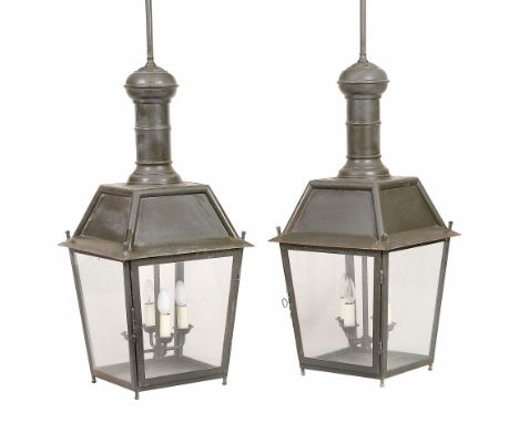 A pair of sheet metal and glazed ceiling lanterns, first half 20th century A pair of sheet metal and glazed ceiling lanterns,