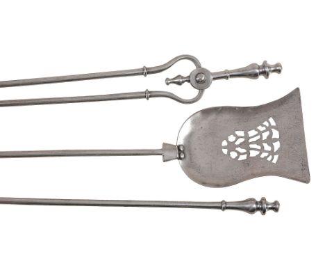 A set of three steel fire tools in George III style, 19th century   A set of three steel fire tools in George III style,   19