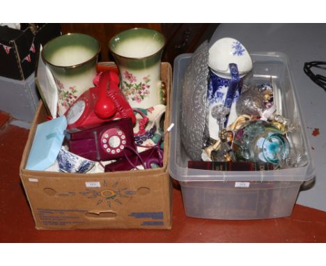 Two boxes of miscellaneous to include pair of large vases, glass scent bottles, Rotary style telephone etc. 