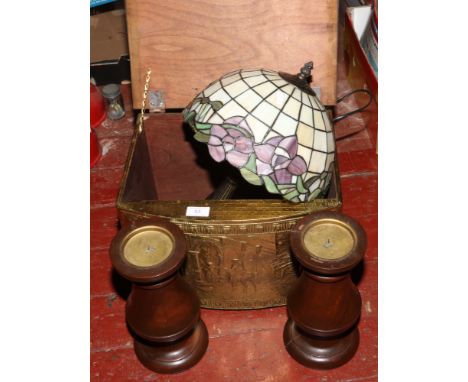 A brass log box, two turned mahogany candle stands and a Tiffany style table lamp. 