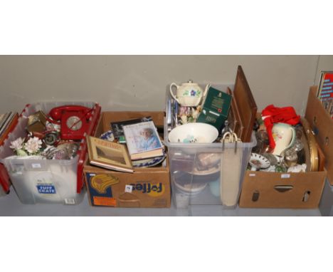 Four boxes of miscellaneous mainly ceramics to include GPO 746 Rotary dial red telephone, quartz mantel clock etc. 