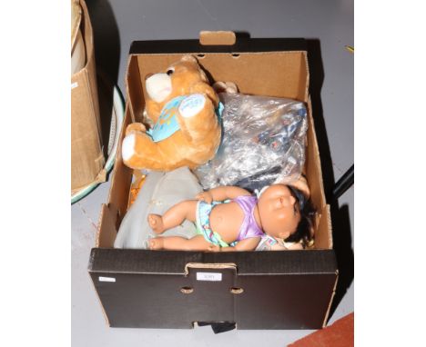 A box of mixed childrens toys, Cabbage Patch doll, Power Rangers, Action Man figures etc. 