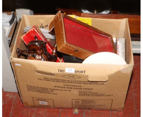 A box of miscellaneous to include vintage tins, Price teapot, miniature cased violin etc. 
