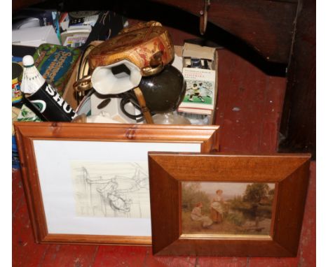 A box of miscellaneous ceramics Aynsley, Johnson Bros, Royal Doulton painted enamel ware and Wade, along with a Winnie the Po