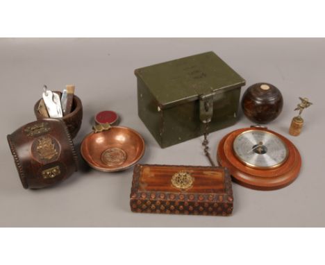 A box of collectables to include Broad Arrow stamped fitted steel box, stainless steel folding knife, copper ashtray, weather