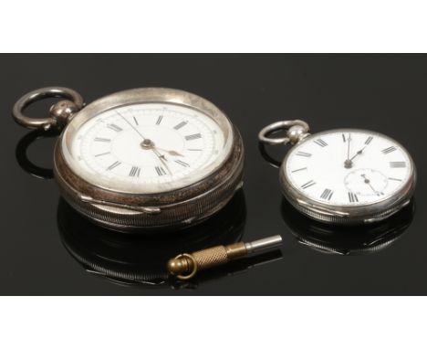 A 19th century Swiss silver cased chronograph pocket watch with key and a silver cased fob watch with enamel dial and subsidi