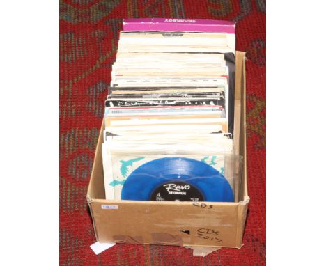 A box of single records to include The Rolling Stones, Motorhead picture disc, T Rex etc. 