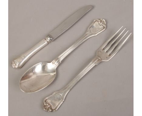 A French silver knife, fork and spoon by Christofle with the eagle of Saladin to the terminal from The Palace of Saddam Husse