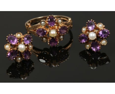 A Victorian style 9ct gold and amethyst ring and pair of earrings en suite, ring size K. 