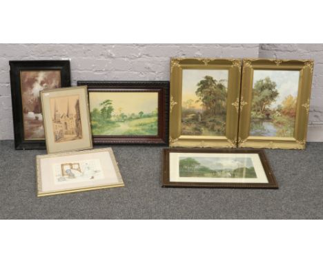 A collection of pictures and prints to include landscape scenes, street scene sketch etc. 