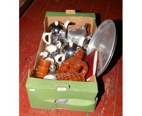 Two boxes of miscellaneous to include silver plated candelabra, gravy jugs, Ever-Hot chrome teapot, coffee pot etc. 