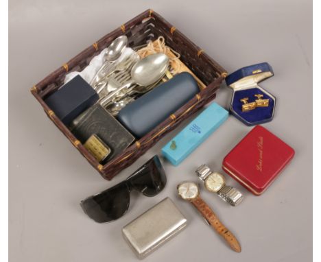 A box of collectables to include Rotary automatic wristwatch, silver blade pocket knife, sunglasses, dominoes, flatware etc. 