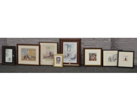 A collection of framed prints to include Leslie R Black framed watercolour Post Office first day cover for Music British Cond
