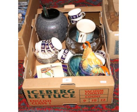 A box of assorted crockery including Carltonware cheese dish, rooster teapot, iridescent glass vase and Crown Chelsea china t