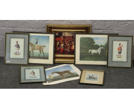 A framed Pieter Bruegel print, along with three equestrian prints and four British uniforms of the Napoleonic war prints. 