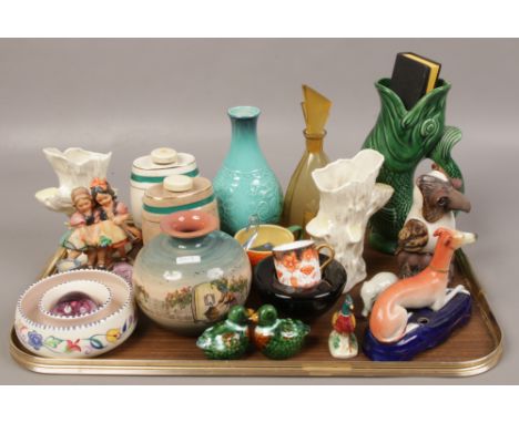 A tray lot of collectable ceramics to include Poole, Dartmouth, Art Deco decanter, Belleek, Wade sherry flasks, Carltonware a